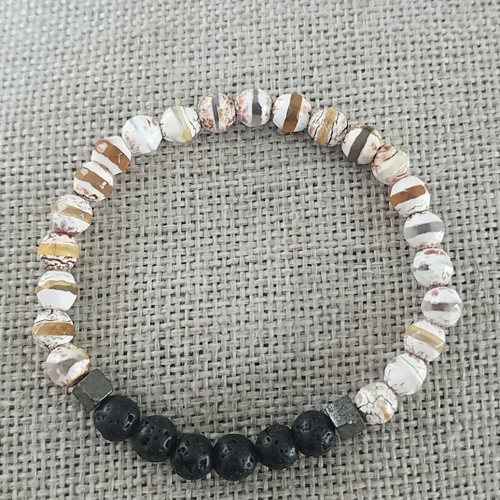 Striped Tibetan Agate Lava Bead Bracelet